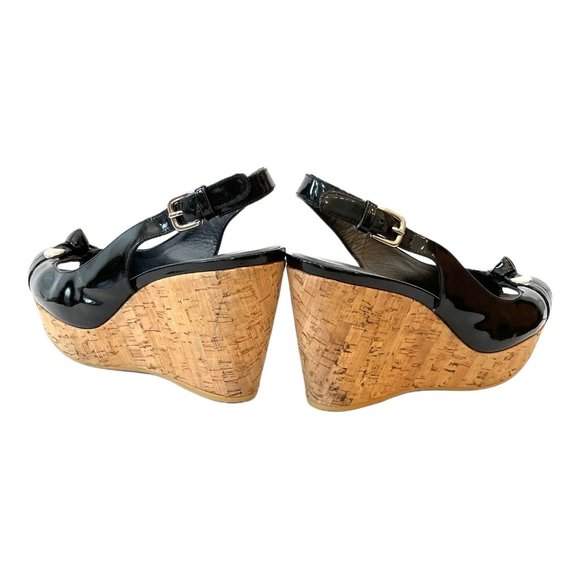 Stuart Weitzman Patent Leather Cork Wedge Bodajean Bow Slingback Heel Open Toe S - Picture 8 of 13